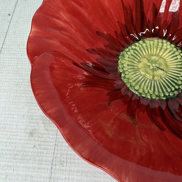 Maxcera Corp POPPIES POPPY SPLATTER Red Flower Shape 3D Ceramic 9" Serving Bowl - Picture 15 of 16